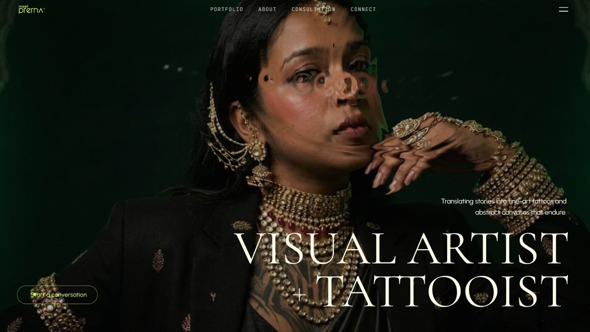 Meet Prerna website homepage showing a portrait and the heading Visual Artist and Tattooist, with a Start a Conversation button.
